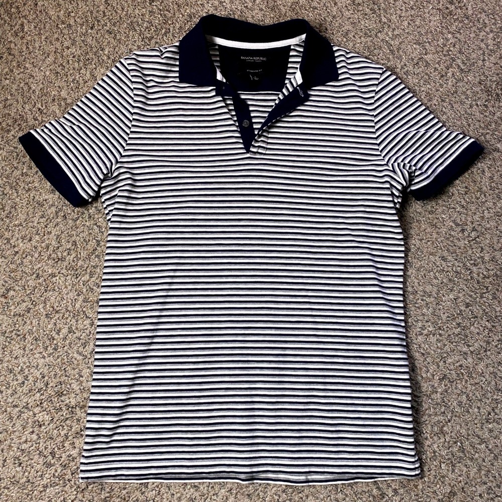 Banana Republic Polo Mens S Blue Striped Luxury Touch Standard Fit Short Sleeve